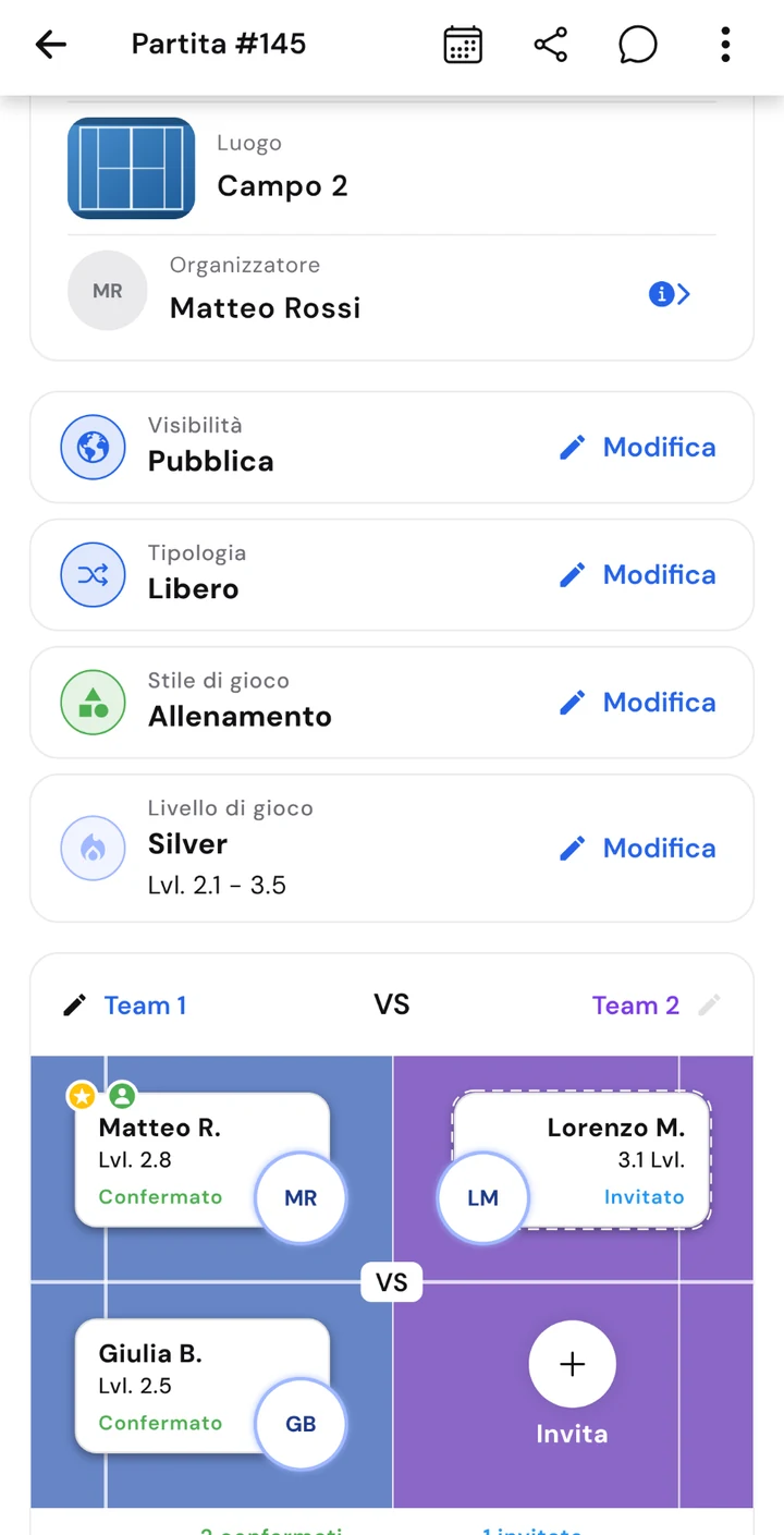 Dettaglio di una partita in BClub: campo, livello di gioco e squadre con i posti da invitare